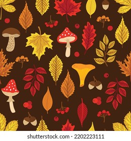 Seamless pattern with acorns, autumn leaves, mushrooms. Perfect for wallpaper, gift paper, pattern fill, autumn greeting cards.