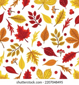 Seamless pattern with acorns, autumn leaves, mushrooms. Perfect for wallpaper, gift paper, pattern fill, autumn greeting cards.