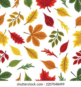 Patrón sin foco con bellotas, hojas de otoño, setas. Perfecto para papel de pared, papel de regalo, relleno de patrones, tarjetas de felicitación de otoño.