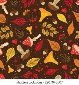 Patrón sin foco con bellotas, hojas de otoño, setas. Perfecto para papel de pared, papel de regalo, relleno de patrones, tarjetas de felicitación de otoño.