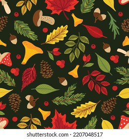 Seamless pattern with acorns, autumn leaves, mushrooms. Perfect for wallpaper, gift paper, pattern fill, autumn greeting cards.