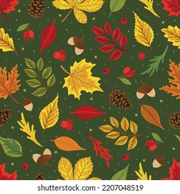 Seamless pattern with acorns, autumn leaves, mushrooms. Perfect for wallpaper, gift paper, pattern fill, autumn greeting cards.