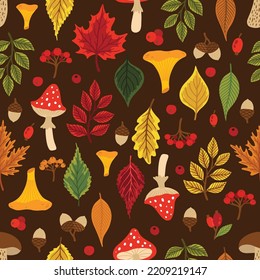 Seamless pattern with acorns, autumn leaves, mushrooms. Perfect for wallpaper, gift paper, pattern fill, autumn greeting cards.