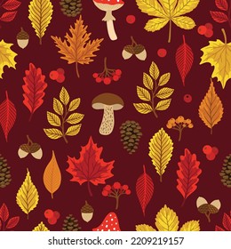 Seamless pattern with acorns, autumn leaves, mushrooms. Perfect for wallpaper, gift paper, pattern fill, autumn greeting cards.
