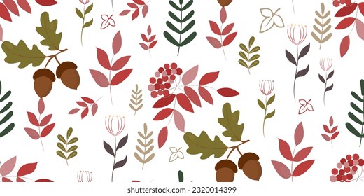 Seamless pattern with acorns and autumn leaves and ruffle branches. Perfect for wallpaper, gift paper, web page background, autumn greeting cards. Vector illustration