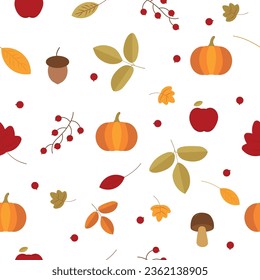 Seamless pattern with acorns, autumn leaves, apple, rowan, forest mushroom. Ideal for wallpaper, gift paper, pattern fill, web page background, autumn greeting cards.