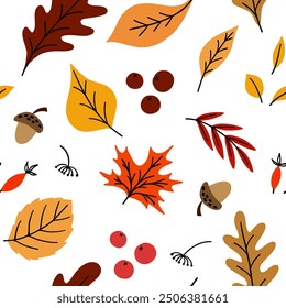 Seamless pattern with acorns and autumn leaves and berries 