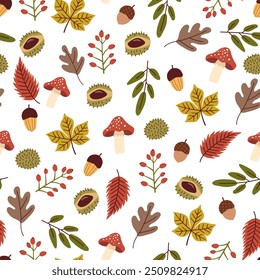 Padrão contínuo com bolotas e folhas de outono.  Padrão contínuo de outono com folhas de carvalho vermelho e amarelo, bolotas, maçãs, abóbora, cogumelos, bagas. Papel de embrulho ou tecido.