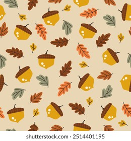 Seamless pattern with acorns and autumn leaves. Print on fabric and wrapping paper. Vector illustration