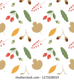 Seamless pattern with acorns and autumn oak leaves in Orange, Beige, Brown and Yellow. Perfect for wallpaper, gift paper, pattern fills, web page background, autumn greeting cards.