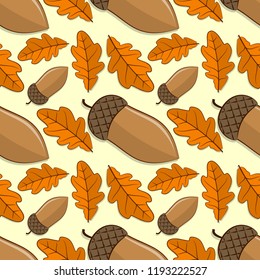 Seamless pattern with acorns and autumn oak leaves. Vector illustration.