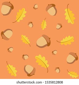 Seamless pattern with acorns and autumn oak yellow leaves. Ideal for wallpaper, gift paper, pattern fill, web page background, autumn greeting cards. Autumn background