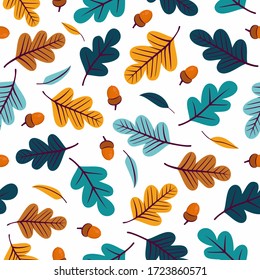 Seamless pattern with acorns and autumn oak leaves in Orange, Beige, Brown and Yellow. Perfect for wallpaper, gift paper, pattern fills, web page background, autumn greeting cards.