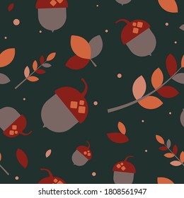 Patrón sin foco con bellotas y hojas de roble otoñales en naranja, beige, marrón, rojo y amarillo. Perfecto para papel tapiz, papel de regalo, relleno de patrones, fondo de página web, tarjetas de felicitación de otoño.