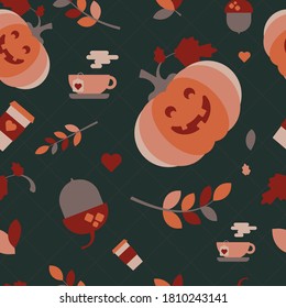 Seamless pattern with acorns and autumn oak leaves in orange, beige, brown, red and yellow. Pumpkins, hot drinks. Perfect for wallpaper, gift paper, pattern fill, web page background
