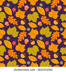 Seamless pattern with acorns and autumn oak leaves in Orange, Beige, Brown and Yellow. Perfect for wallpaper, gift paper, pattern fills, web page background, autumn greeting cards.