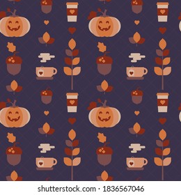 Seamless pattern with acorns and autumn oak leaves in orange, beige, brown, red and yellow. Pumpkins, hot drinks. Perfect for wallpaper, gift paper, pattern fill, web page background
