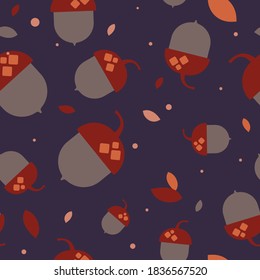 Seamless pattern with acorns and autumn oak leaves in orange, beige, brown, red and yellow. Perfect for wallpaper, gift paper, pattern fill, web page background, autumn greeting cards.
