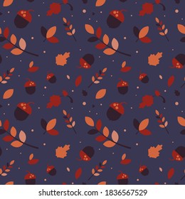 Seamless pattern with acorns and autumn oak leaves in orange, beige, brown, red and yellow. Perfect for wallpaper, gift paper, pattern fill, web page background, autumn greeting cards.
