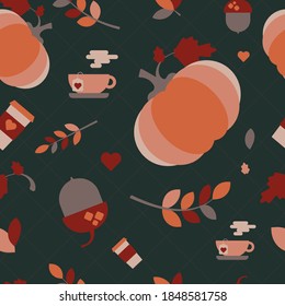 Patrón sin foco con bellotas y hojas de roble otoñales en naranja, beige, marrón, rojo y amarillo. Calabazas, bebidas calientes. Perfecto para fondo de pantalla, papel de regalo, relleno de patrones, fondo de página web