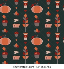 Seamless pattern with acorns and autumn oak leaves in orange, beige, brown, red and yellow. Pumpkins, hot drinks. Perfect for wallpaper, gift paper, pattern fill, web page background