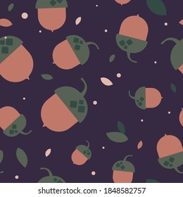 Seamless pattern with acorns and autumn oak leaves in orange, beige, brown, red and yellow. Perfect for wallpaper, gift paper, pattern fill, web page background, autumn greeting cards.
