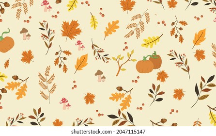 Seamless pattern with acorns and autumn oak leaves in Orange, Beige, Brown and Yellow. Perfect for wallpaper, gift paper, pattern fills, web page background, autumn greeting cards.
