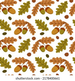 Seamless pattern with acorns and autumn oak leaves. Perfect for wallpaper, gift paper, pattern fills, web page background, autumn greeting cards.