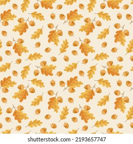 Patrón sin foco con bellotas y hojas de roble otoñales en naranja, beige, marrón y amarillo. Perfecto para papel tapiz, papel de regalo, rellenos de patrones, fondo de página web, tarjetas de felicitación de otoño.