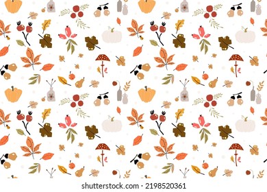Seamless pattern with acorns and autumn oak leaves in Orange, Beige, Brown and Yellow. Perfect for wallpaper, gift paper, pattern fills, web page background, autumn greeting cards.