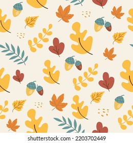 Seamless pattern with acorns and autumn oak leaves in orange, beige, brown and yellow. Perfect for wallpaper, gift paper, pattern fill, web page background, fall greeting cards.