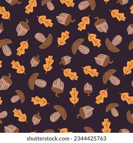 Seamless pattern with acorns and autumn oak leaves in Orange and Yellow.Perfect for wallpaper, gift paper, pattern fills