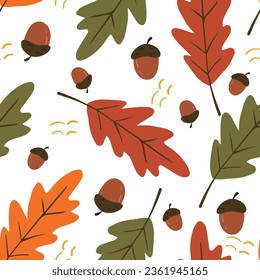 Seamless pattern with acorns and autumn oak leaves. Perfect for wallpaper, gift paper, pattern fills, web page background, autumn greeting cards.
