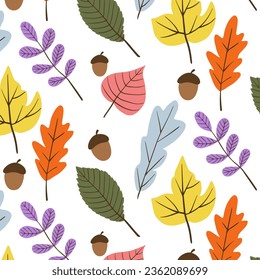 Seamless pattern with acorns and autumn oak leaves in Orange, Beige, Brown and Yellow. Perfect for wallpaper, gift paper, pattern fills, web page background, autumn greeting cards.