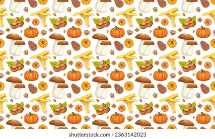 Seamless pattern with acorns and autumn oak leaves in Orange, Beige, Brown and Yellow. Perfect for wallpaper, gift paper, pattern fills, web page background, autumn greeting cards.