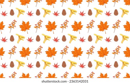 Seamless pattern with acorns and autumn oak leaves in Orange, Beige, Brown and Yellow. Perfect for wallpaper, gift paper, pattern fills, web page background, autumn greeting cards.