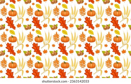 Seamless pattern with acorns and autumn oak leaves in Orange, Beige, Brown and Yellow. Perfect for wallpaper, gift paper, pattern fills, web page background, autumn greeting cards.