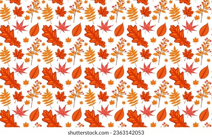 Seamless pattern with acorns and autumn oak leaves in Orange, Beige, Brown and Yellow. Perfect for wallpaper, gift paper, pattern fills, web page background, autumn greeting cards.