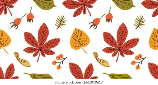 Padrão sem costura com bolotas e folhas de carvalho de outono em laranja, bege, marrom e amarelo. Perfeito para papel de parede, papel de presente, preenchimentos padrão, fundo da página da web, cartões de saudação de outono.