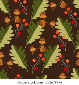 Seamless pattern with acorns and autumn oak leaves in orange, beige, brown and yellow. Ideal for Wallpaper, gift paper, pattern fills, background of web pages, autumn greeting cards.