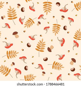 Seamless pattern with acorns, autumn 
rowan leaves, rowan berries and mushrooms.