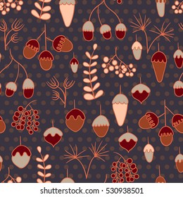 Seamless pattern with acorns, berries and abstract leaves.