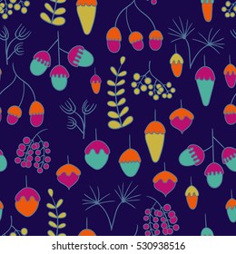 Seamless pattern with acorns, berries and abstract leaves.