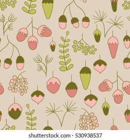 Seamless pattern with acorns, berries and abstract leaves.