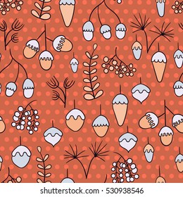 Seamless pattern with acorns, berries and abstract leaves.