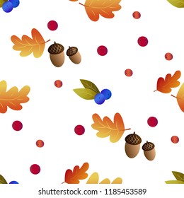 Seamless pattern with acorns, berries and autumn oak leaves on white background. Perfect for wrapping paper, wallpaper, autumn greeting cards, web pages background, textile design, fabric print