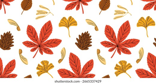 Patrón sin fisuras con bellotas, castañas y roble de otoño, arce y otras hojas en naranja, rojo, marrón y amarillo. Perfecto para el Fondo de pantalla, papel de regalo, tarjetas de felicitación de otoño.