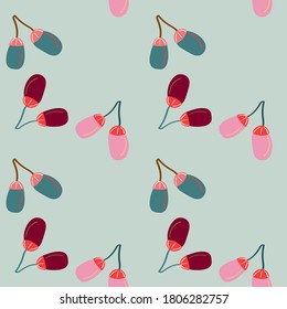 Seamless pattern of acorns. Flat blue background.  Autumn.