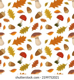 Seamless pattern with acorns, fly agaric mushroom with red cap and oak leaves. Bright autumn print with nature and forest plants on white background. Vector flat illustration
