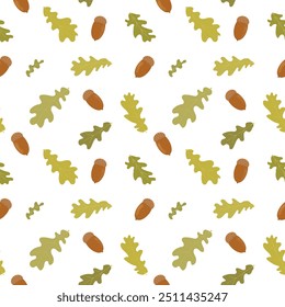 Seamless pattern with acorns and green oak leaves. Oak tree fruit. Vector pattern, white background. Hand drawn, flat style.